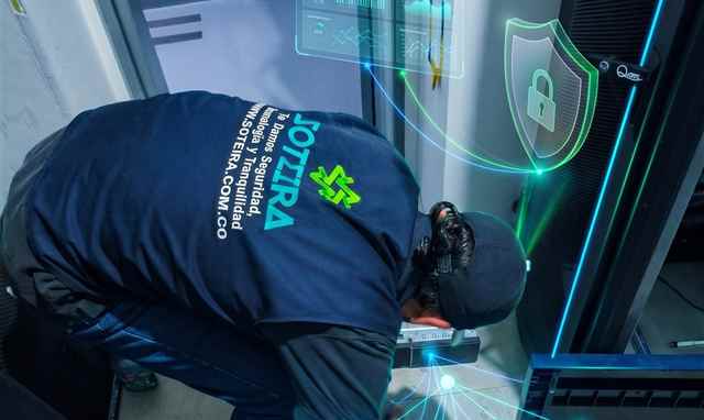 Técnico de Soteira instalando equipos de red en un rack en Bogotá